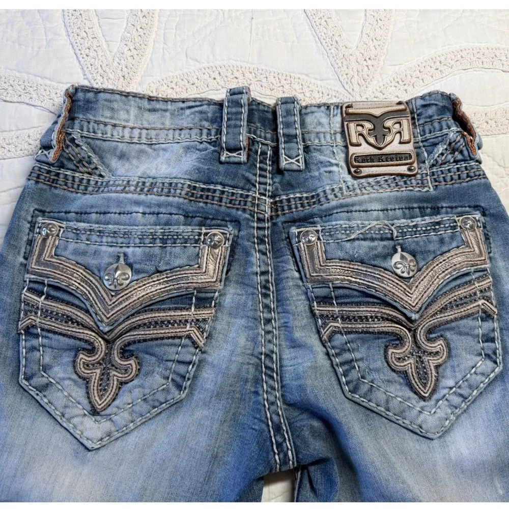 Rock Revival Stan Straight Jeans Blue Distressed Grunge Biker Festival Mens 29